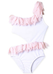 White Side Cut Swimsuit with Pink Petals - Horizon Bliss