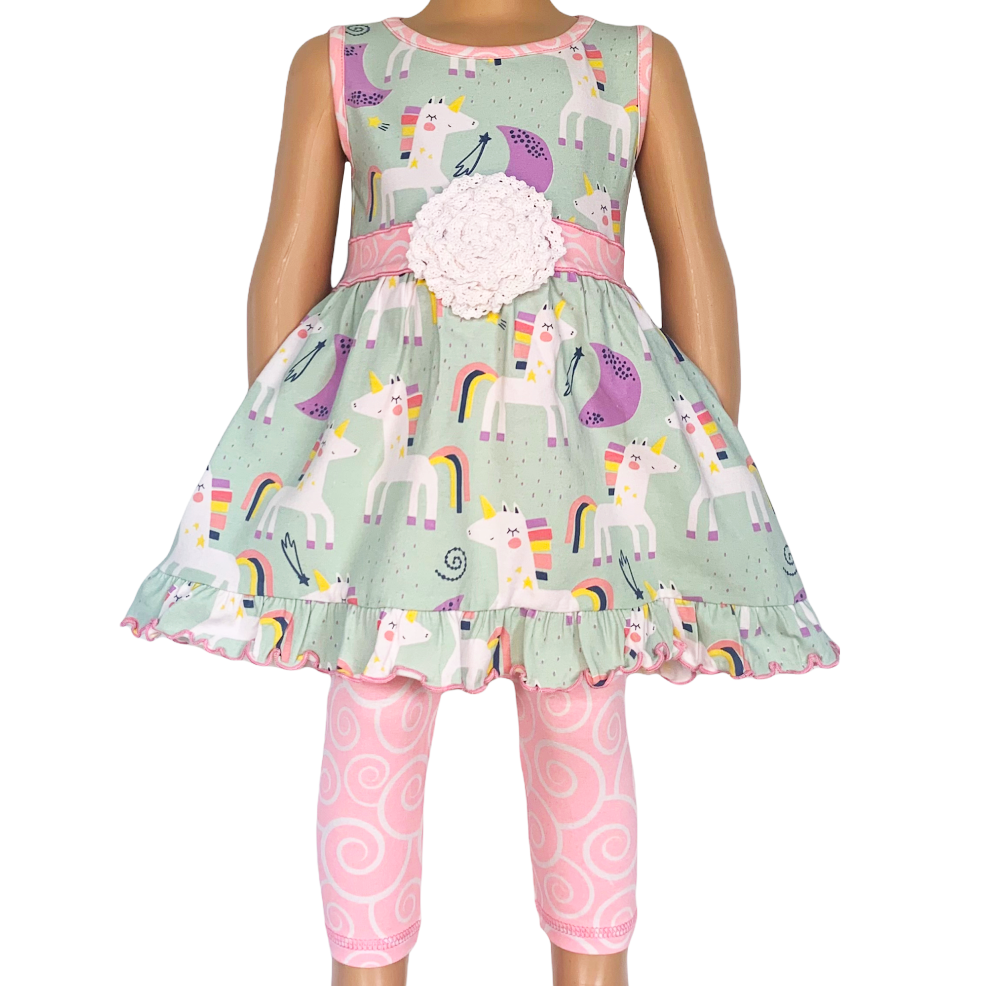 AnnLoren Girls Unicorns Rainbow Dress & Pink Swirl Leggings Outfit - Horizon Bliss