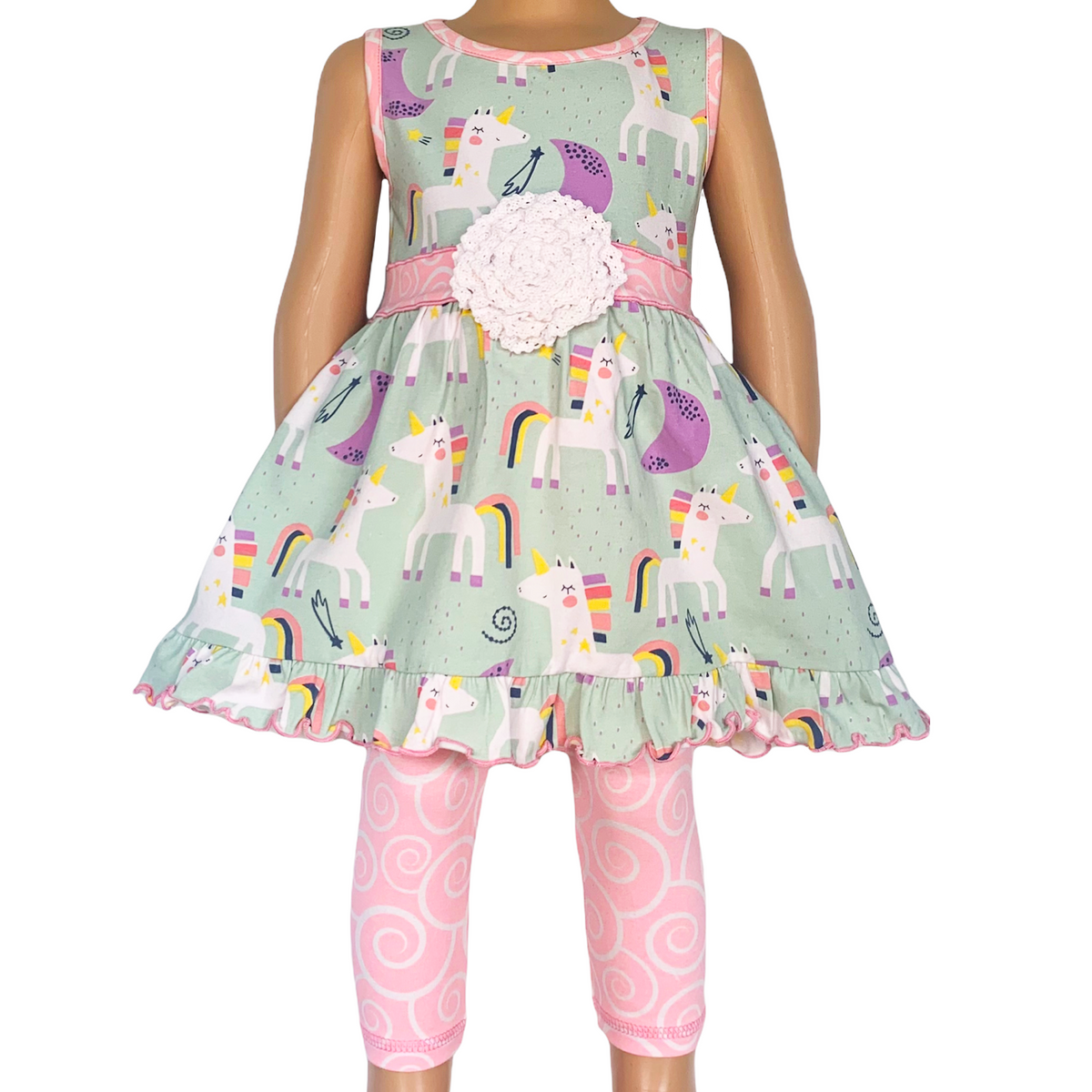 AnnLoren Girls Unicorns Rainbow Dress & Pink Swirl Leggings Outfit - Horizon Bliss