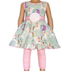 AnnLoren Girls Unicorns Rainbow Dress & Pink Swirl Leggings Outfit - Horizon Bliss