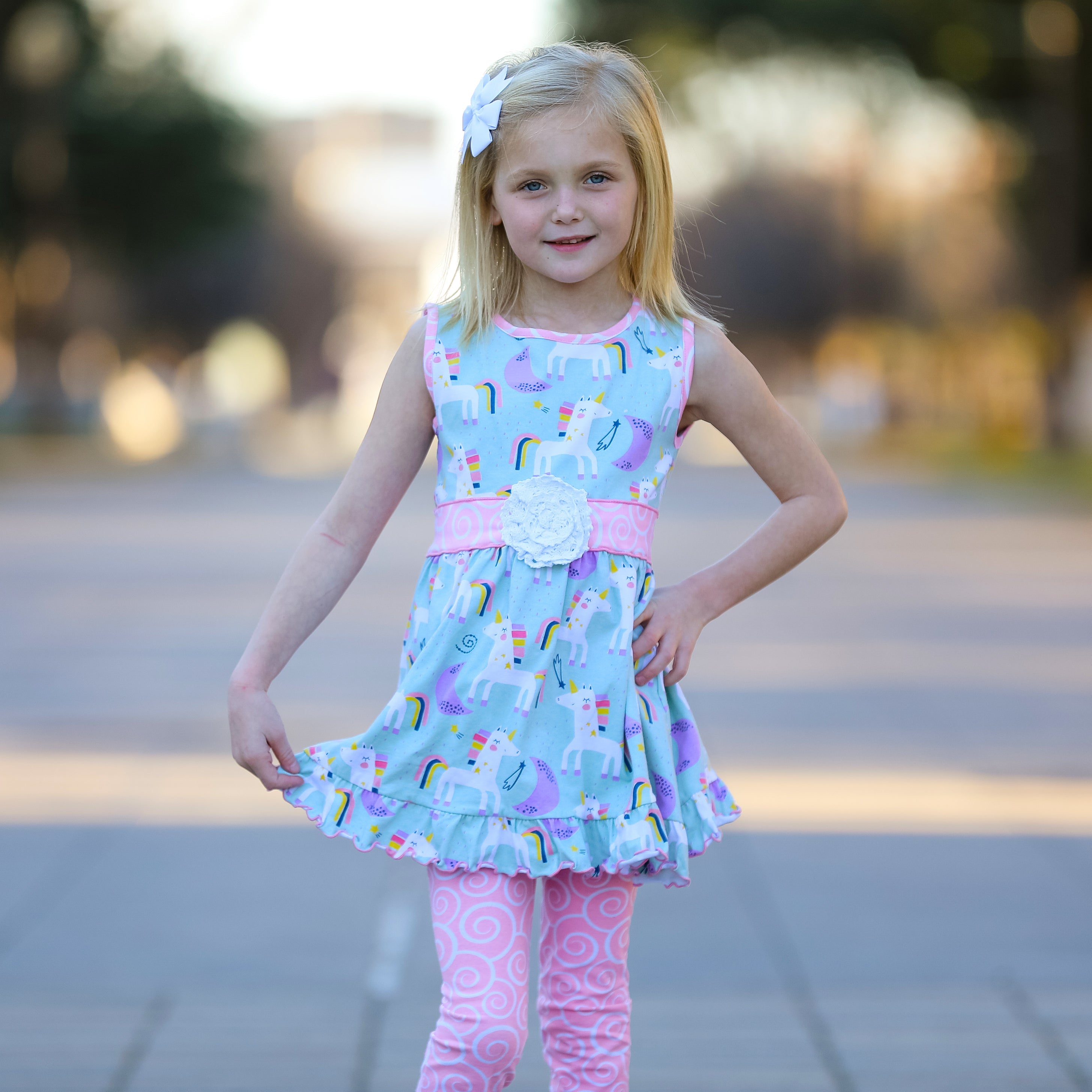 AnnLoren Girls Unicorns Rainbow Dress & Pink Swirl Leggings Outfit - Horizon Bliss