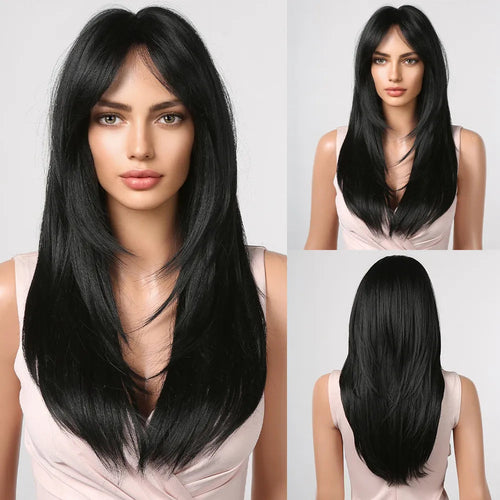 Ombre Red to Black Synthetic Wigs with Bangs Long Straight Layered Wig - Horizon Bliss