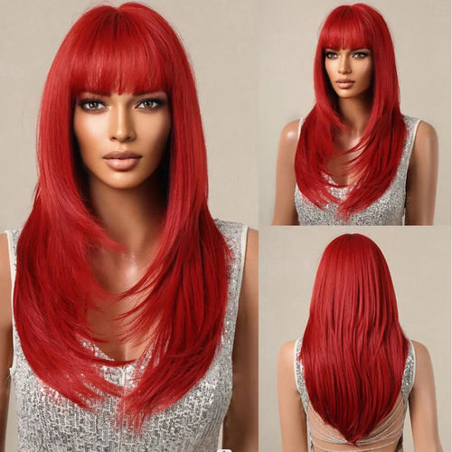 Ombre Red to Black Synthetic Wigs with Bangs Long Straight Layered Wig - Horizon Bliss