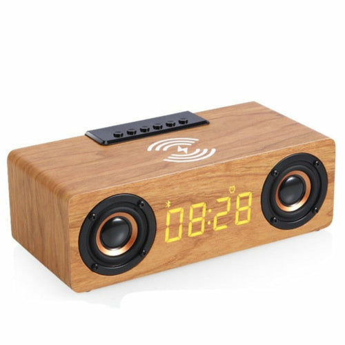 Wooden Retro Theme Wireless Charger Bluetooth Speaker Alarm Clock - Horizon Bliss