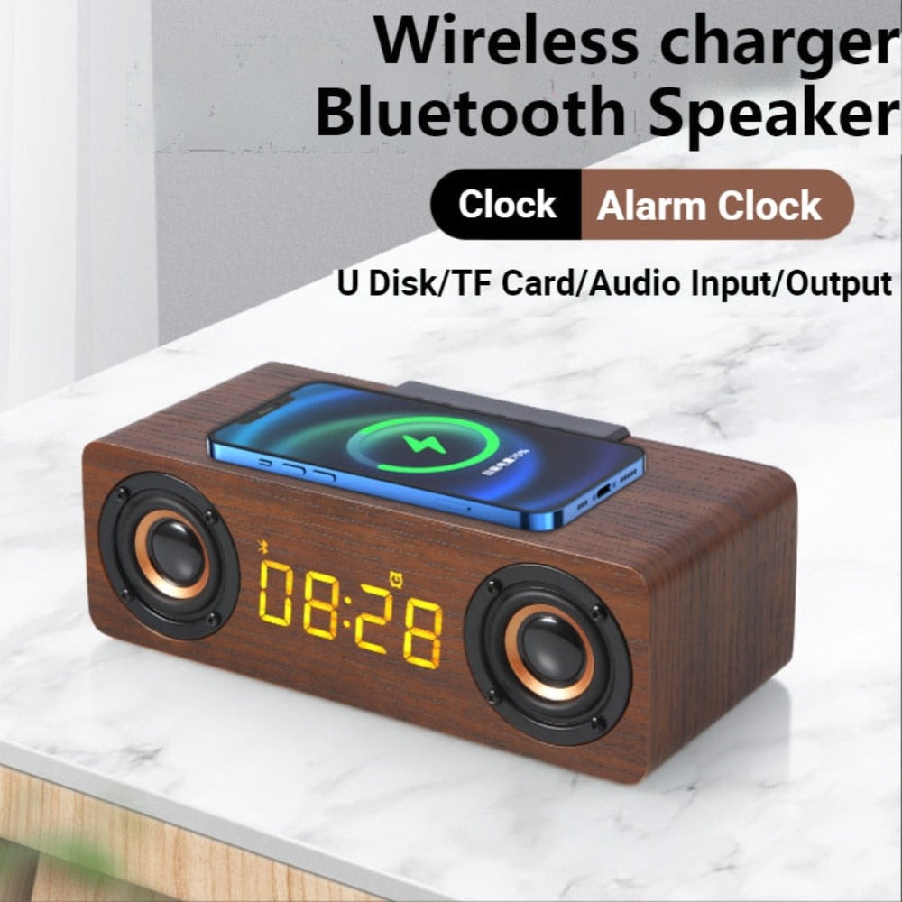 Wooden Retro Theme Wireless Charger Bluetooth Speaker Alarm Clock - Horizon Bliss