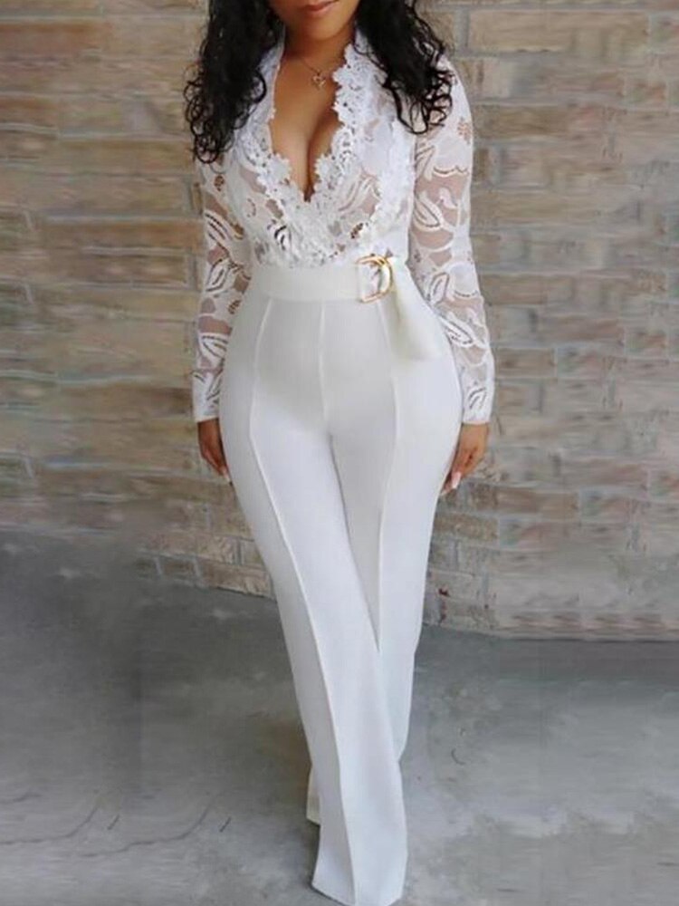 Crochet Lace Plunge Long Sleeve Jumpsuit - Horizon Bliss