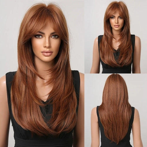 Ombre Red to Black Synthetic Wigs with Bangs Long Straight Layered Wig - Horizon Bliss