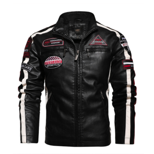 Mens Biker Vegan Leather Jacket With Badges - Horizon Bliss