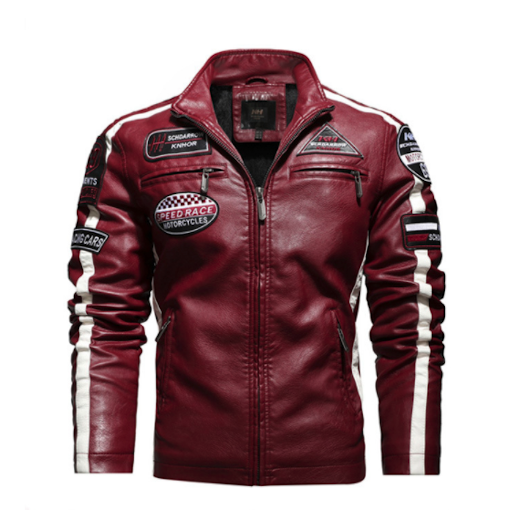 Mens Biker Vegan Leather Jacket With Badges - Horizon Bliss