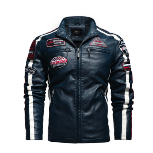 Mens Biker Vegan Leather Jacket With Badges - Horizon Bliss