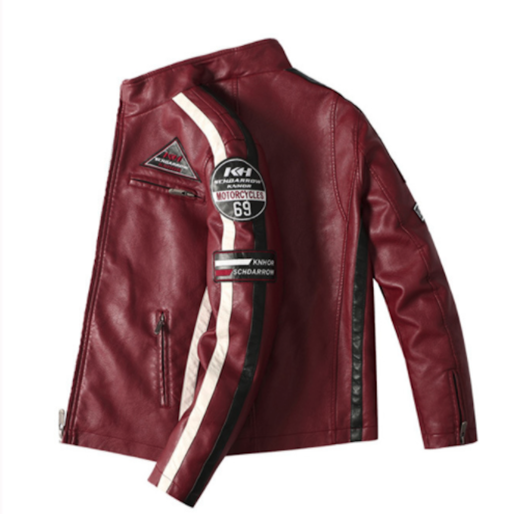 Mens Biker Vegan Leather Jacket With Badges - Horizon Bliss