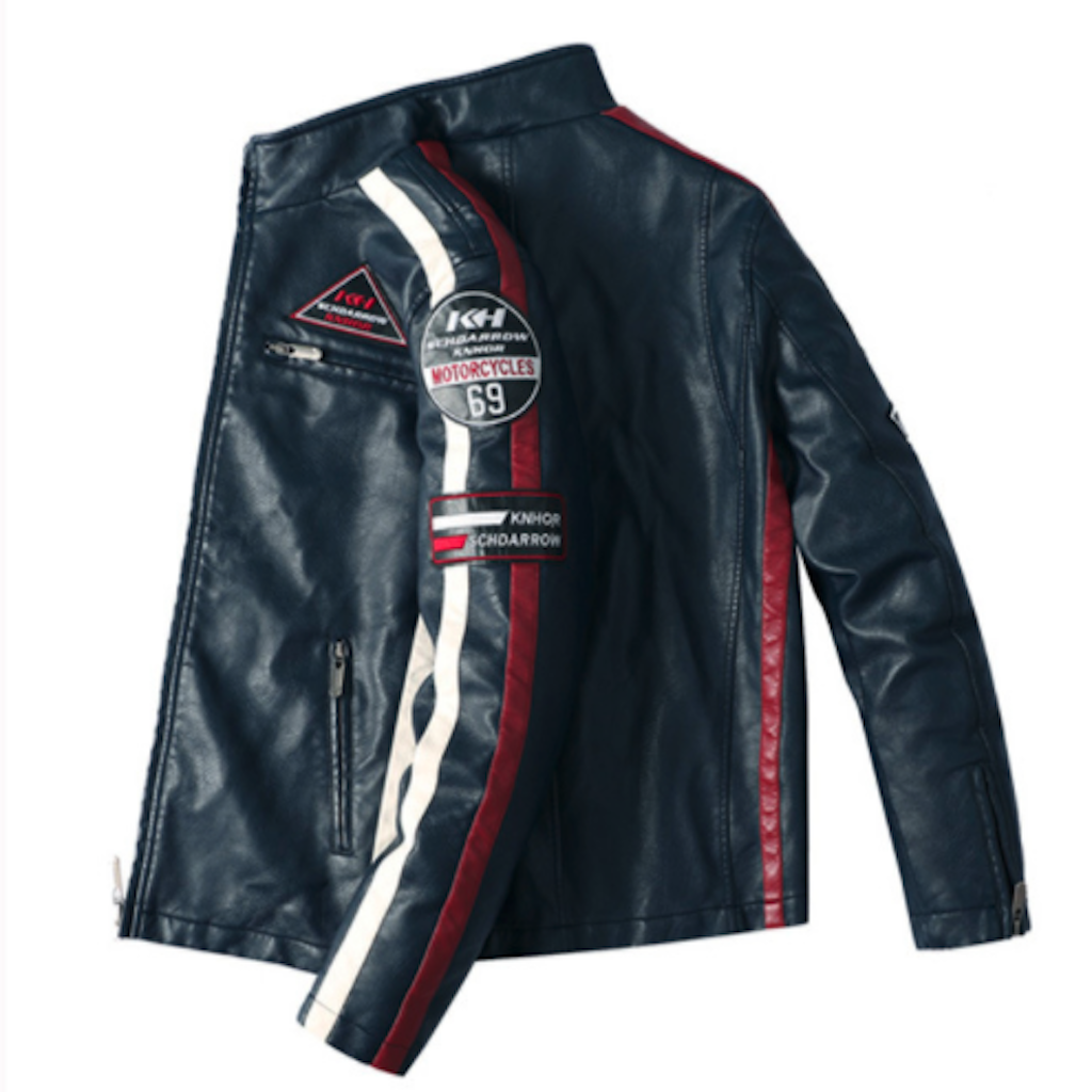 Mens Biker Vegan Leather Jacket With Badges - Horizon Bliss