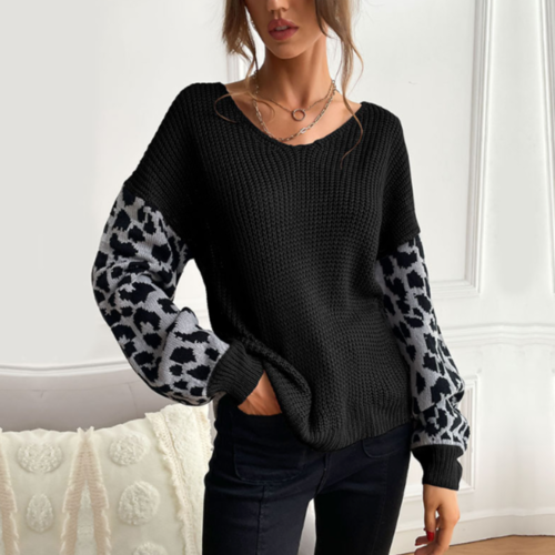 Womens V Neck Sweater With Leopard Print Sleeves - Horizon Bliss