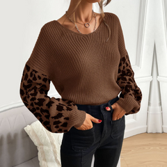 Womens V Neck Sweater With Leopard Print Sleeves - Horizon Bliss