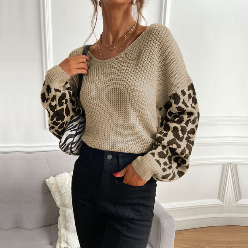 Womens V Neck Sweater With Leopard Print Sleeves - Horizon Bliss