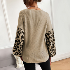 Womens V Neck Sweater With Leopard Print Sleeves - Horizon Bliss