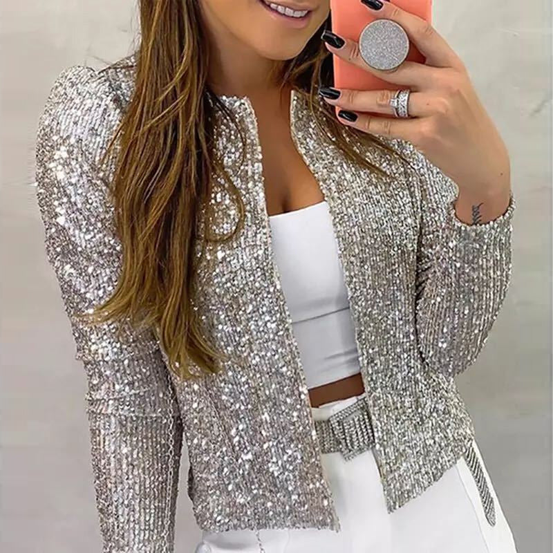 Sequins Shiny Jacket Elegant O Neck Outerwear - Horizon Bliss