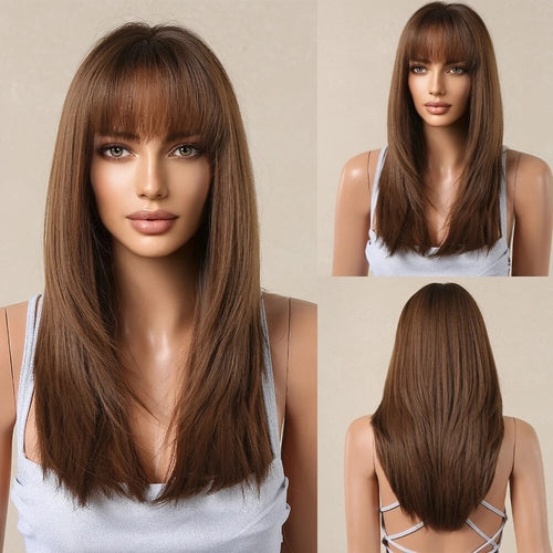 Ombre Red to Black Synthetic Wigs with Bangs Long Straight Layered Wig - Horizon Bliss