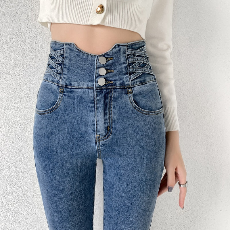 Skinny Pencil Jeans Four Buttons Vintage High Waist Women Slim Stretch - Horizon Bliss