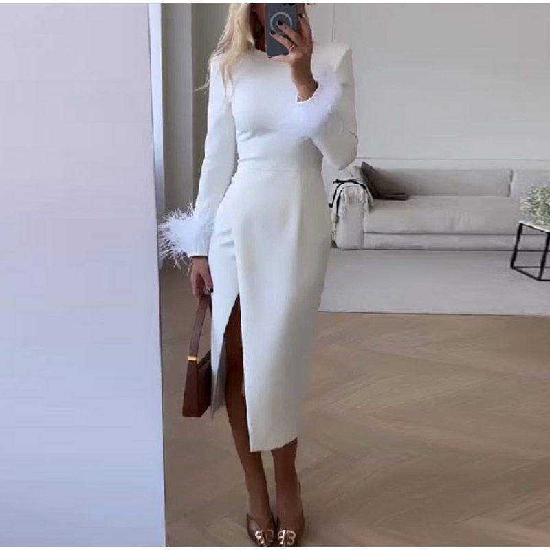 Elegant White Feather Long Sleeve Midi Dress - Horizon Bliss