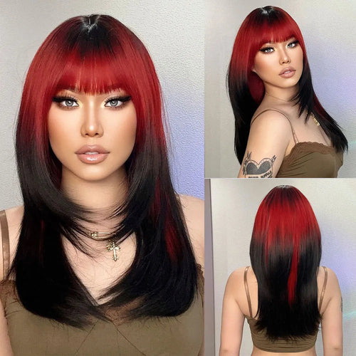 Ombre Red to Black Synthetic Wigs with Bangs Long Straight Layered Wig - Horizon Bliss