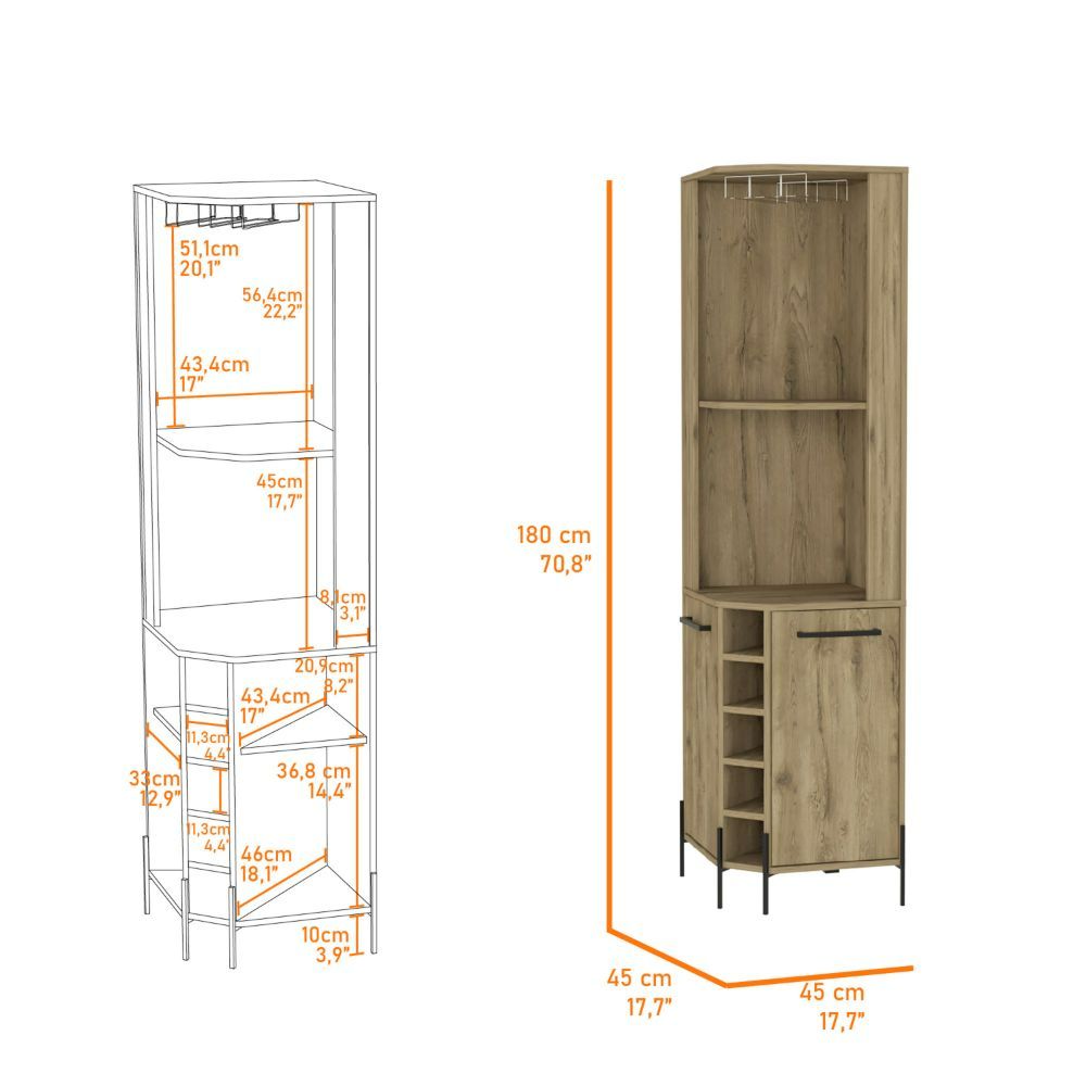 Corner Bar Cabinet Shopron, Two Shelves, Five Wine Cubbies, Aged Oak - Horizon Bliss