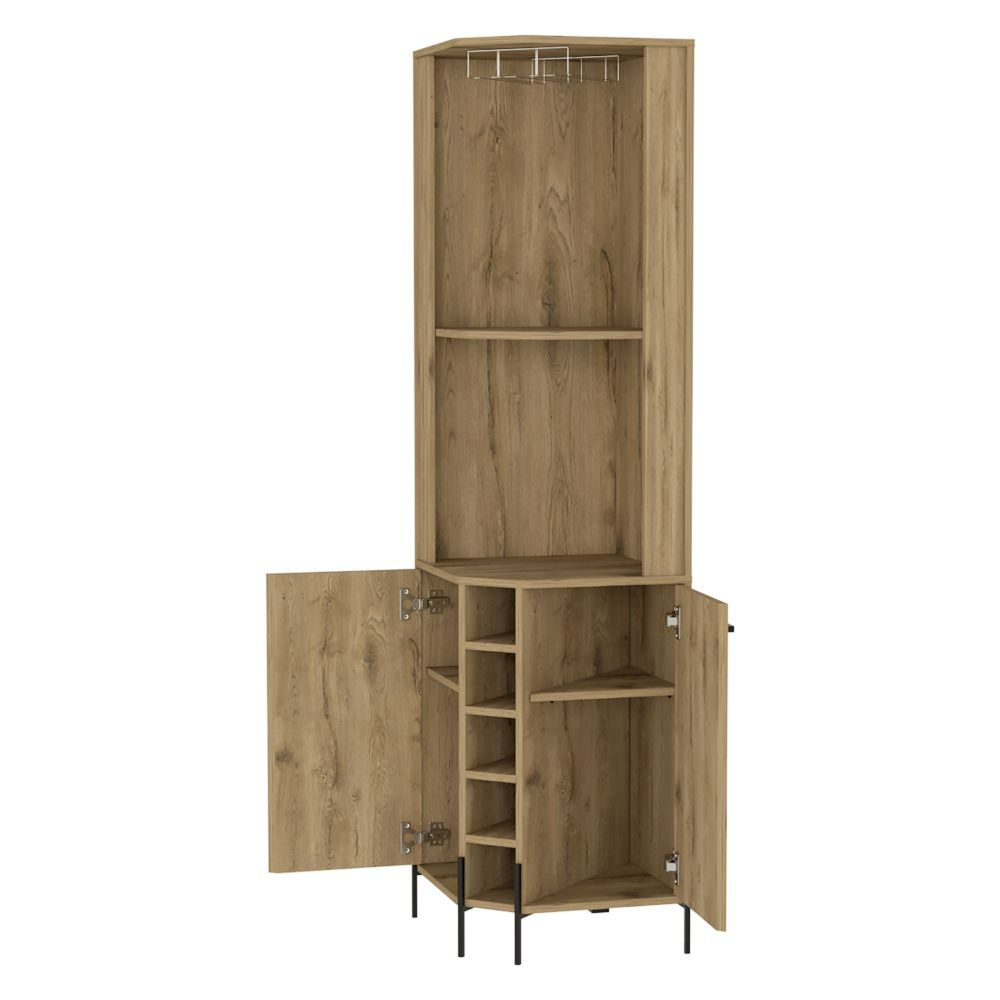 Corner Bar Cabinet Shopron, Two Shelves, Five Wine Cubbies, Aged Oak - Horizon Bliss