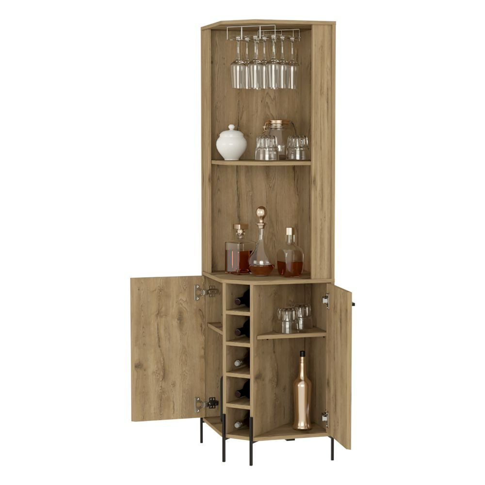 Corner Bar Cabinet Shopron, Two Shelves, Five Wine Cubbies, Aged Oak - Horizon Bliss