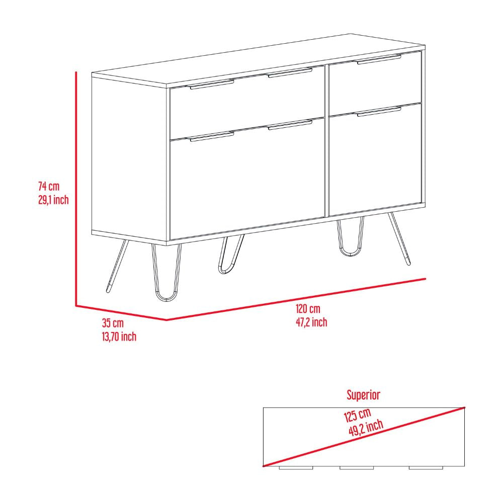 Double Dresser Skyoner, Superior Top, Hairpin Legs, Four Drawers, - Horizon Bliss