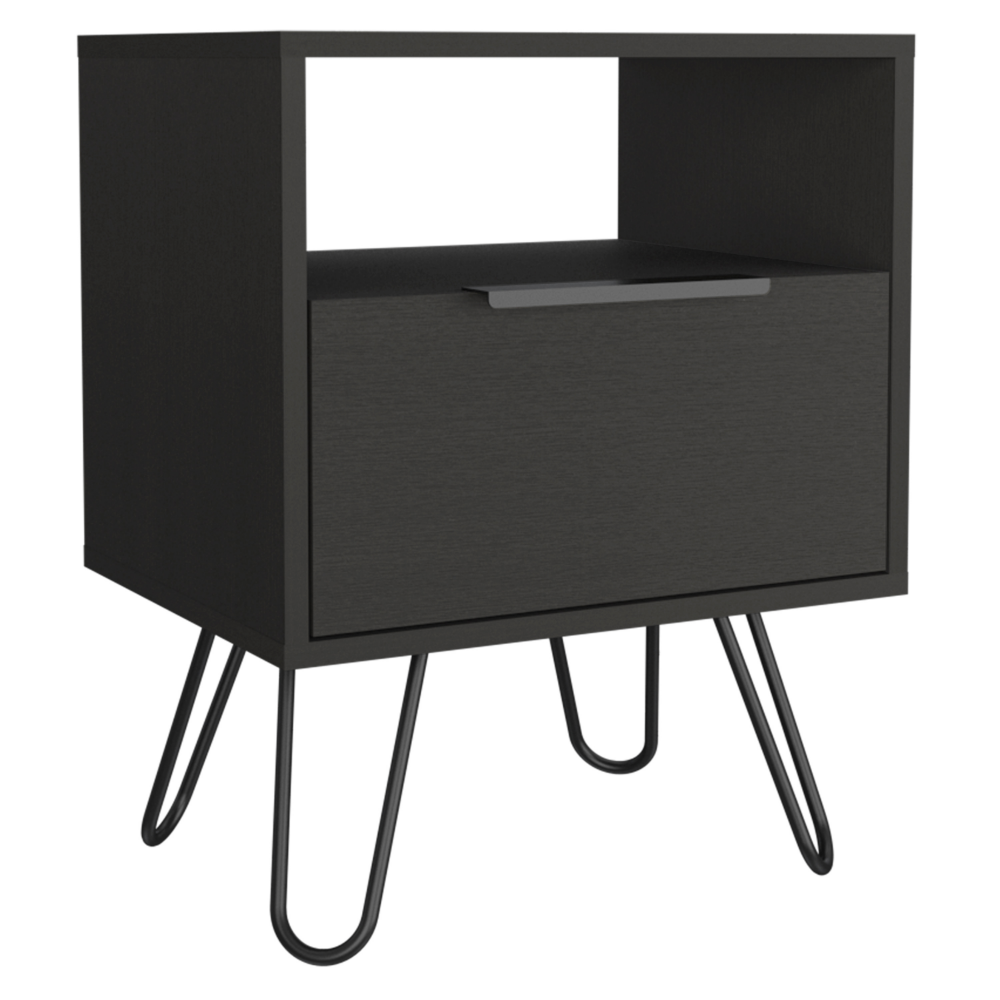 Nightstand Skyoner, Single Drawer, Hairpin Legs, Black Wengue Finish - Horizon Bliss