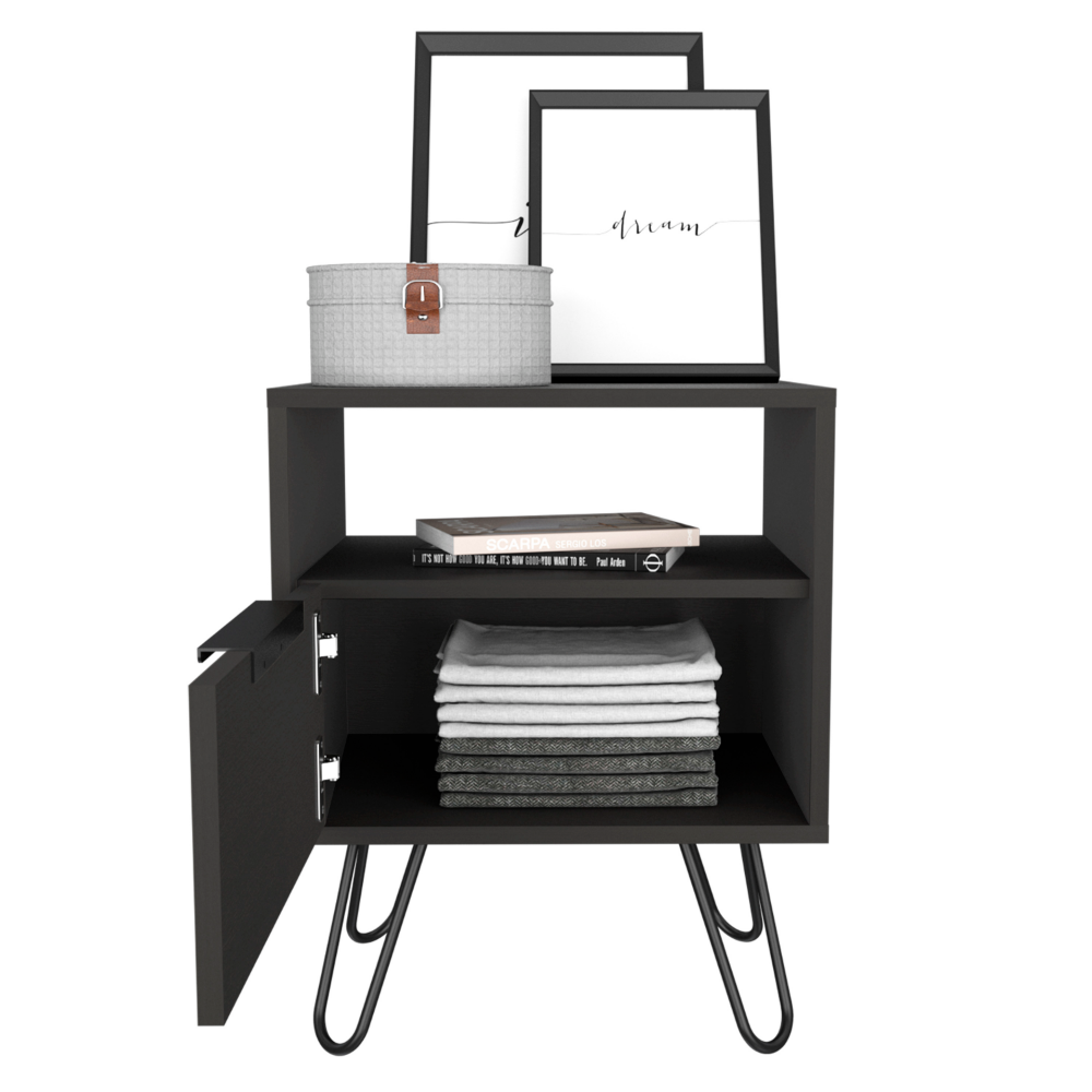 Nightstand Skyoner, Single Drawer, Hairpin Legs, Black Wengue Finish - Horizon Bliss