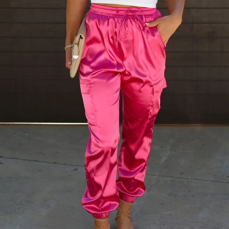 Solid Color Glossy Pocket Elastic Waist Pants - Horizon Bliss