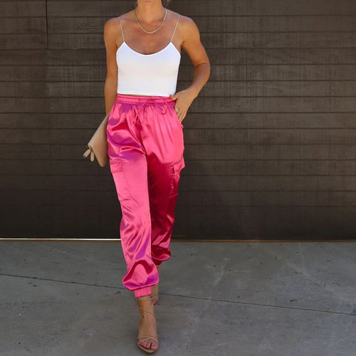 Solid Color Glossy Pocket Elastic Waist Pants - Horizon Bliss