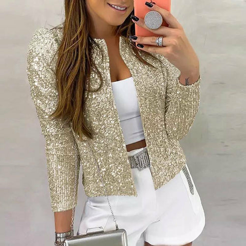 Sequins Shiny Jacket Elegant O Neck Outerwear - Horizon Bliss