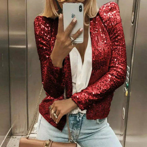 Sequins Shiny Jacket Elegant O Neck Outerwear - Horizon Bliss