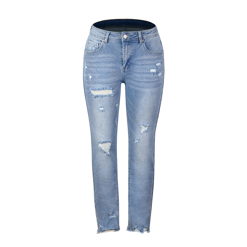 Blue Hight Waist Ripped Casual Denim Pencil Pants - Horizon Bliss