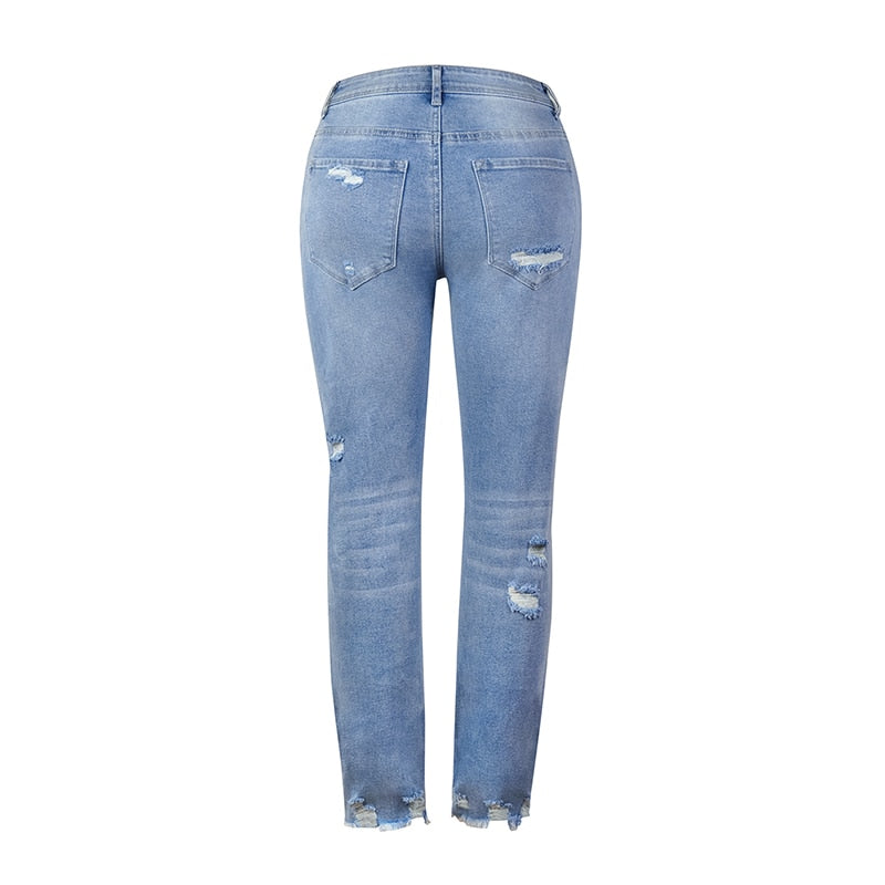 Blue Hight Waist Ripped Casual Denim Pencil Pants - Horizon Bliss