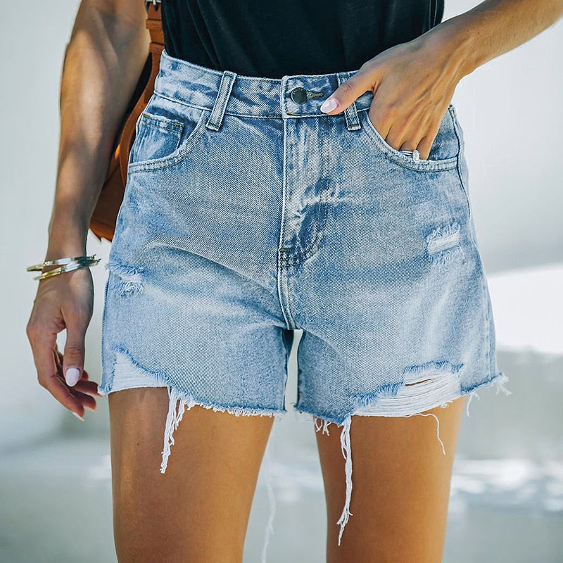 High Waisted Ripped Blue Shorts - Horizon Bliss