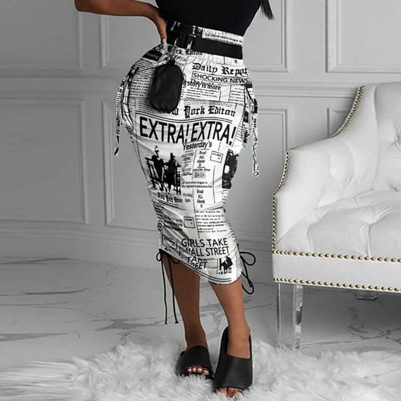 Summer Midi Skirt Women  High Waist Pockets Newspaper Print Drawstring - Horizon Bliss