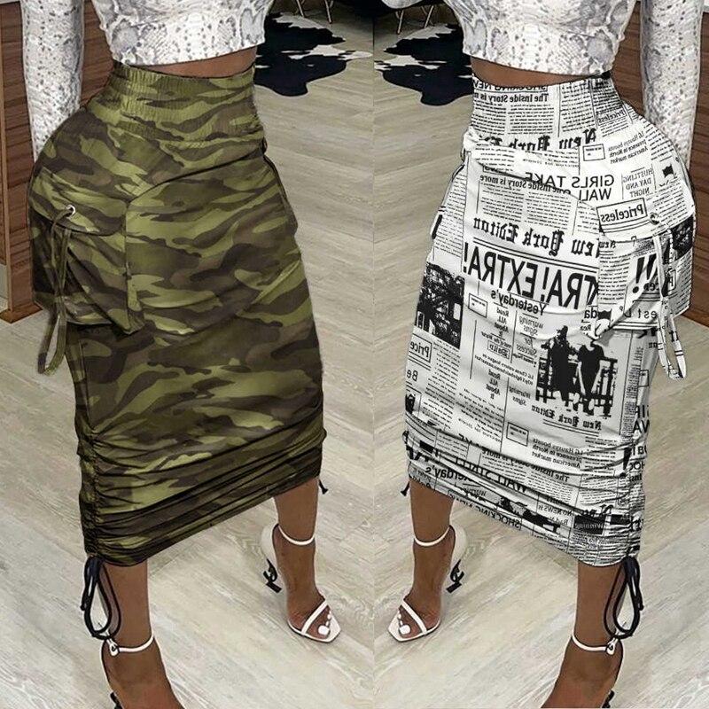 Summer Midi Skirt Women  High Waist Pockets Newspaper Print Drawstring - Horizon Bliss