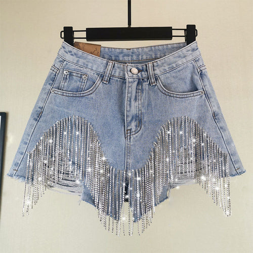 Summer Ripped Jeans Short Femme High Waist Diamond Tassel Y2k Casual - Horizon Bliss