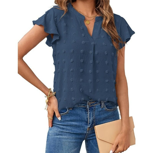 V-neck Ruffled Short Sleeve Shirt - Horizon Bliss