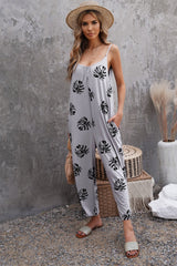 Summer Gray Palm Leaves Print Spaghetti Strap Wide Leg jumpsuit