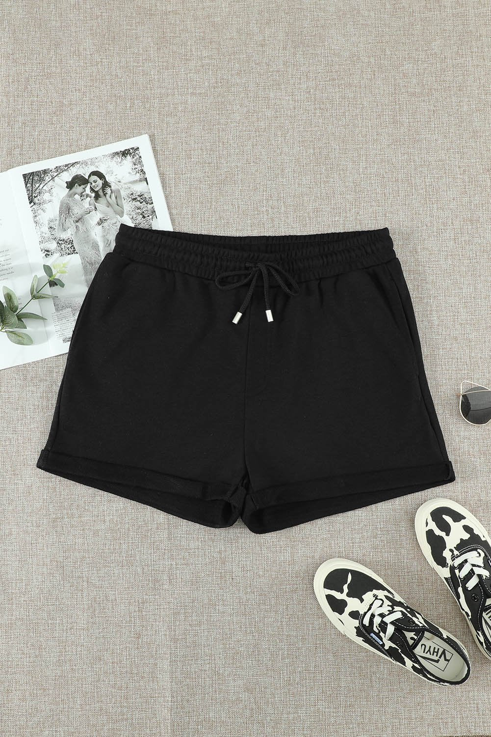 Summer Women Black Tie Waist Side Pockets Cuffed Lounge Shorts - Horizon Bliss