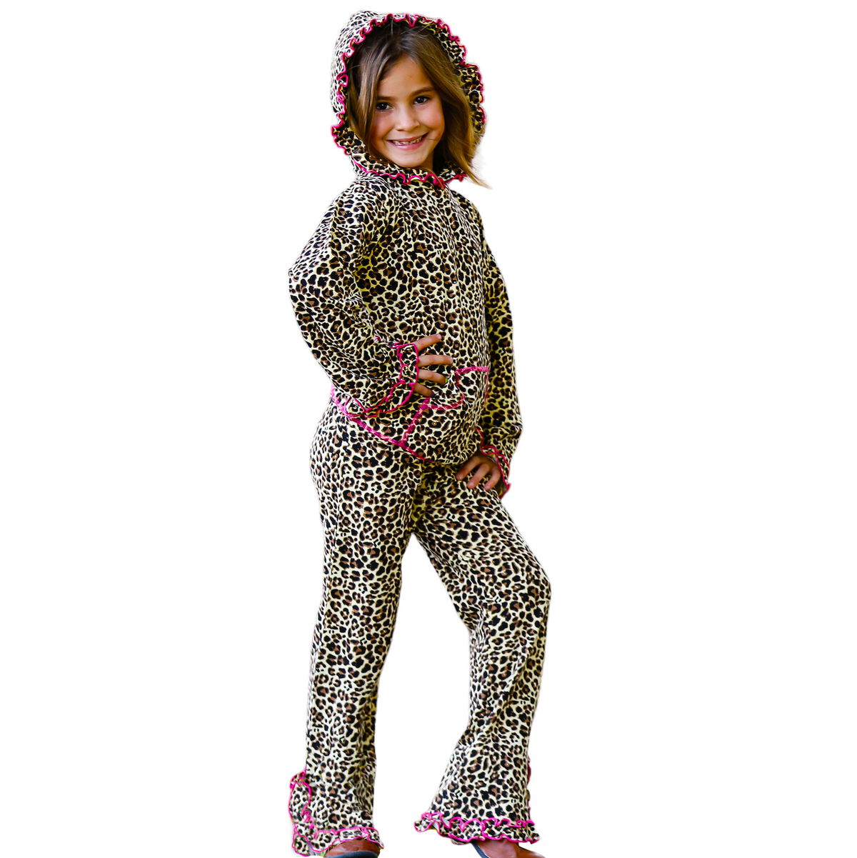 AnnLoren Girls Leopard Ruffle Hoodie 2 Pc Fashion Track Suit - Horizon Bliss