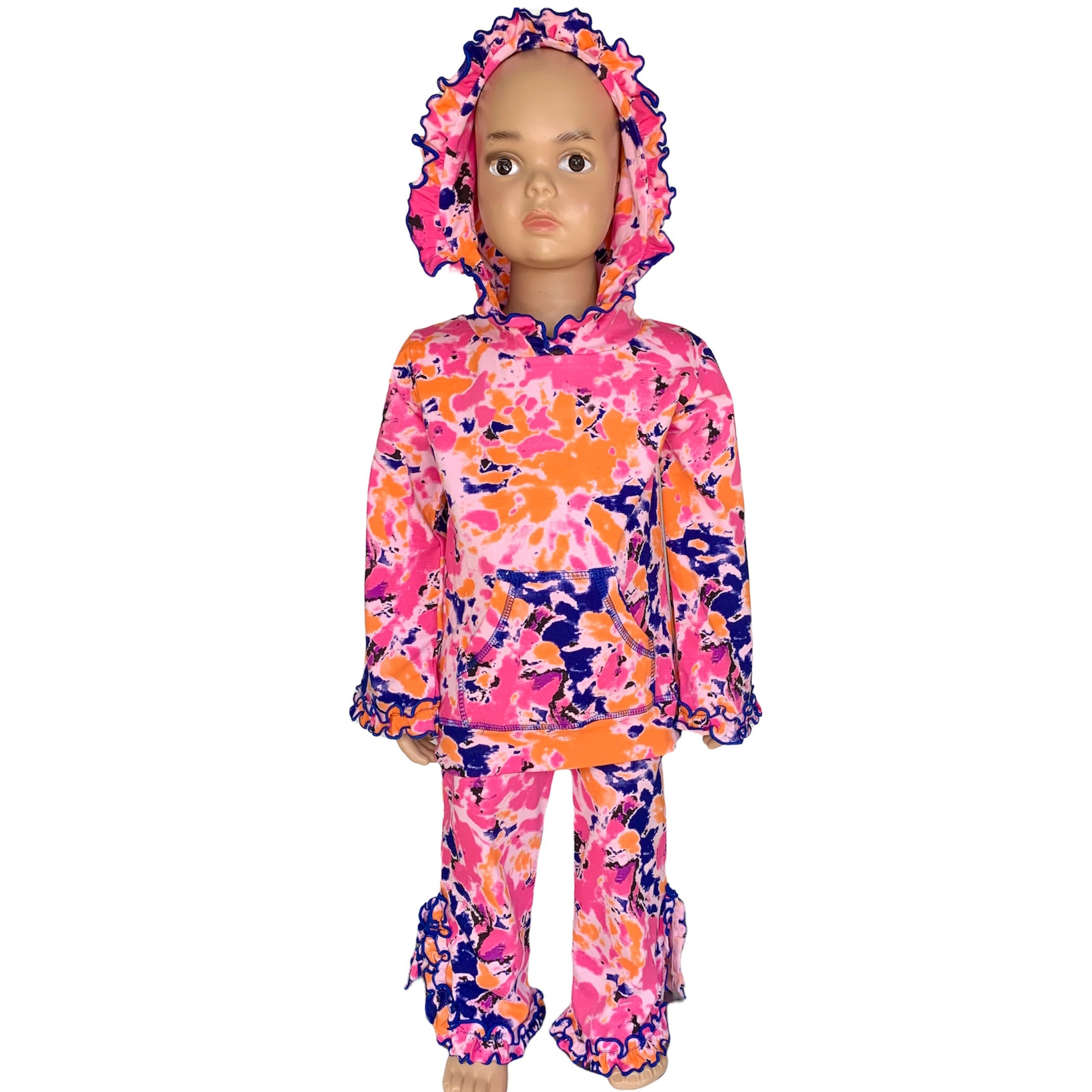 AnnLoren Girls Pink, Orange & Purple Tie Dye Ruffle Hoodie 2 Pc - Horizon Bliss