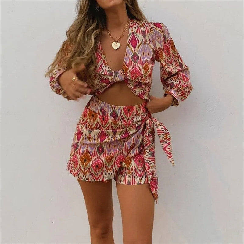 Print Skirt Shorts Woman Floral Top Long Sleeve Knot Crop Top Suits - Horizon Bliss