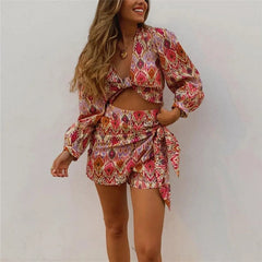 Print Skirt Shorts Woman Floral Top Long Sleeve Knot Crop Top Suits - Horizon Bliss