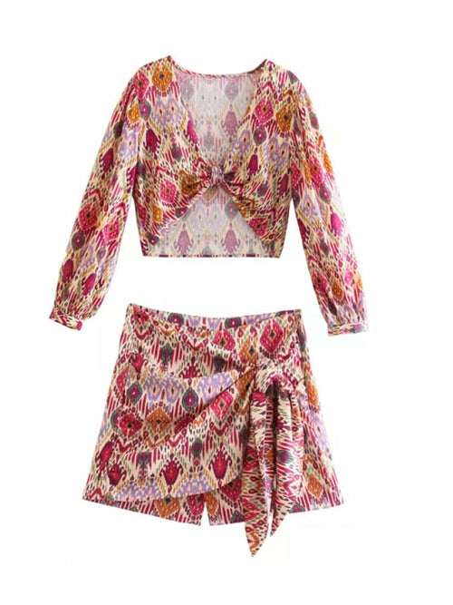 Print Skirt Shorts Woman Floral Top Long Sleeve Knot Crop Top Suits - Horizon Bliss