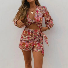 Print Skirt Shorts Woman Floral Top Long Sleeve Knot Crop Top Suits - Horizon Bliss